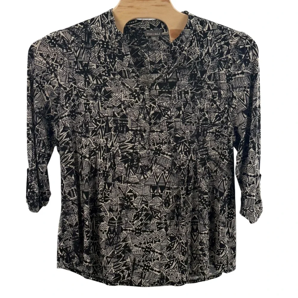 Roz & Ali Tunic Top Abstract Print 3/4 Sleeve Blouse Black White 2X boho chic